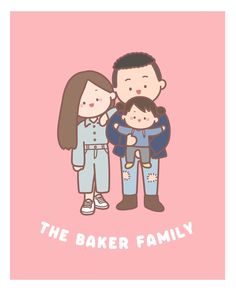 a man and woman holding a baby in front of a pink background with the words, the baker family