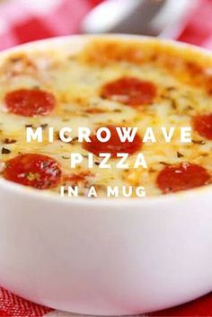 a close up of a bowl of food with the words microwave wave pizza in it