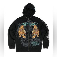 Ed Hardy Crawling Tigers Mens Zip Up Hoodie Color: Black Style # (Ehm1301-44) 57% Cotton, 43% Polyester Made In Pakistan Black Hoodie Graphic, Ed Hardy Sweater, Ed Hardy Zip Up, Ed Hardy Jacket, Unique Hoodies Design, Graphic Hoodies Street Style, Drippy Clothes, Custom Zip Up Hoodie, Ed Hardy Hoodie