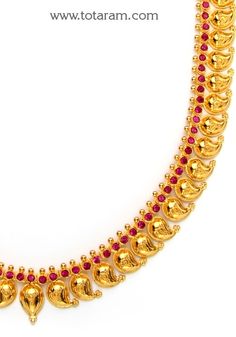 22 Karat Gold Mango Mala with Red Stones
   - 235-GN438 - in 52.800 Grams for USD $4128.79. 
Made in India by Totaram Jewelers Online this product is in Gold - 22 Karat BIS Hallmark 916 KDM Gold  & is an excellent gift for Adult - Women. Ships fully insured with secured guaranteed delivery for free with your order over $250 from New Jersey USA & comes with 30 days exchange policy. Mango Mala, Red Stones, Red Stone, Gifts For Adults, 22k Gold, New Jersey, Chain Necklace, Mango, For Free