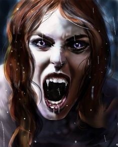 a digital painting of a woman with her mouth open and blood dripping from her eyes