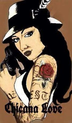 a drawing of a woman with tattoos and a hat on holding a cell phone to her ear