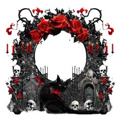 a black cat sitting in front of a gothic gate with red roses and skulls on it