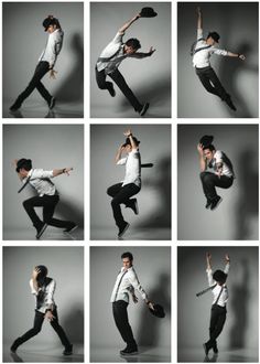 the man is jumping in many different poses