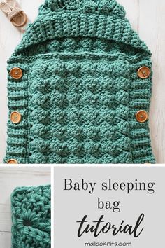 a crocheted baby sleeping bag with buttons on it and the words, baby sleeping bag