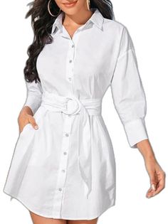 White Casual Dress With Button Cuffs, Casual White Dresses With Button Cuffs, Casual White Dress With Button Cuffs, White Office Dresses With Button Closure, White Casual Shirt Dress With Spread Collar, White Button Shirt Dress For Fall, Long Sleeve White Shirt Dress With Buttons, White Shirt Dress With Spread Collar And Buttons, White Buttoned Mini Dress For Office