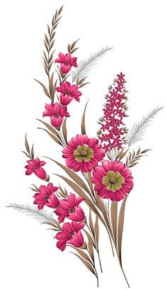 pink flowers and green leaves on a white background