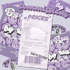 the back side of a purple package with price tags on it and other stickers