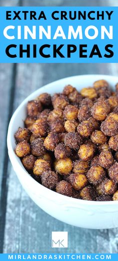 roasted chickpeas in a white bowl on a wooden table with text overlay