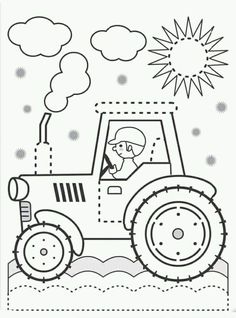 a black and white drawing of a tractor with the sun in the sky behind it