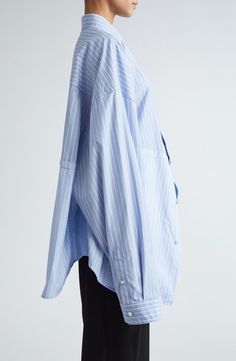 Balenciaga Cut Up Stripe Asymmetric Oversize Cotton Button-Up Shirt | Nordstrom Balenciaga Shirt, Blue And White Striped Shirt, Designer Clothing Brands, Cut Up, Stripe Shirt, Asymmetrical Tops, Fabric Store, Fashion Details, Striped Shirt