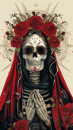 a skeleton with red roses on its head and hands in front of her face,