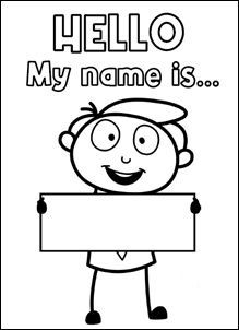 a black and white drawing of a boy holding a sign that says hello my name is