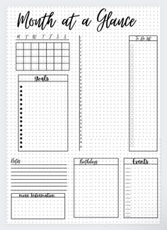 a black and white printable planner with the words, month at a glance on it