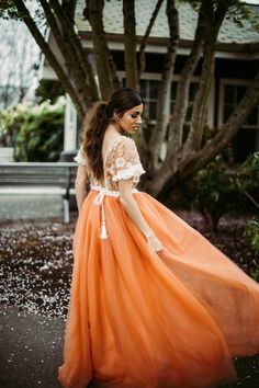 Orange Feather/ Tulle Dress BOHO Dress Preorder - Etsy Bosnia and Herzegovina Spring Tulle Dress With Sweep Train, Elegant Long Train Dresses For Spring, Elegant Long Train Spring Dresses, Wedding Maxi Tulle Dress, Tulle Gown With Lace Sleeves, Fitted Tulle Maxi Gown, Orange Maxi Dress For Wedding, Orange Maxi Length Wedding Dress, Orange Maxi Length Dress For Wedding