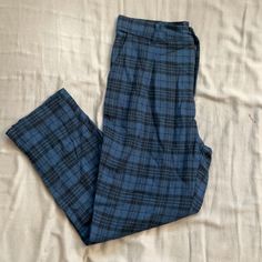 Blue Plaid Pants, Never Worn, Two Front Pockets High Waist Blue Bottoms For Business Casual, Blue Casual Bottoms For Business Casual, Blue High Waist Dress Pants With Pockets, Casual Fitted Blue Dress Pants, Blue High-waisted Pants For Business Casual, Blue Casual Dress Pants For Business Casual, Blue Fitted Casual Dress Pants, Casual Blue Bottoms For Work, Blue Wide Leg Cotton Dress Pants