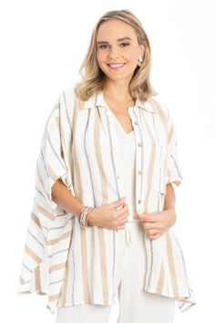 Discover the perfect summer staple: Our Linen Cotton Striped Oversized Shirt. This shirt features a flowy, split-hem silhouette and wooden buttons for summer flair. The lightweight, breathable linen and cotton keep you cool, while the relaxed fit and handy front pocket make it perfect for all your warm-weather adventures. Wear it as a cover-up, pair it with shorts, or leave it open for a layered look. Material: Linen, Cotton Length From Shoulder Seam: 29" Armhole: 9" Front Patch Pocket Button Do Beige Summer Shirt For Vacation, Oversized Beige Summer Top, Oversized Beige Shirt For Summer, Oversized Beige Summer Shirt, Beige Relaxed Fit Blouse For Vacation, Oversized Beige Top For Vacation, Vacation Beige Relaxed Fit Blouse, Beige Oversized Top For Vacation, Summer Linen Shirt In Neutral Color