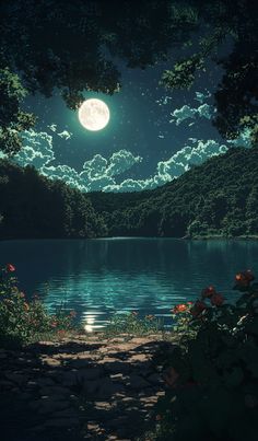 A tranquil night scene with a full moon shining brightly over a calm lake surrounded by lush green hills and blooming flowers. The moonlight reflects on the water, creating a serene and peaceful atmosphere.
#moonlitnight #serenesky #naturebeauty #nightlandscape #moonlightreflection #calmlake #forestnight #aiart #digitalnature #peacefulscenery Dreamy Night Sky, Lake Moonlight, Blue Moonlight Aesthetic, Night Landscape Aesthetic, Full Moon Wallpaper Aesthetic, Moonlight Wallpaper, Landscape Night, Calm Night, Fall Night Wallpaper