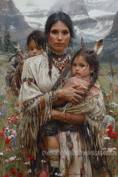 an oil painting of a native american woman holding her child in front of mountains and flowers