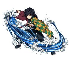 an anime character riding on top of a wave