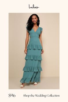 Versatile, praise-worthy, and effortlessly graceful, the Lulus Elegant Mentality Teal Blue Ruffled Tiered Cutout Maxi Dress is ready to celebrate! This gorgeous dress has an airy, woven chiffon fabrication that shapes a princess-seamed bodice with a plunging V-neckline (and back) framed by ruffled short sleeves. Alluring side cutouts accent the high, fitted waist that sits atop a sweeping maxi skirt adorned with ruffled tiers along the A-line silhouette. Hidden back zipper/clasp. Fit: This garme Cutout Maxi Dress, Tiered Maxi Dress, Maxi Dress With Sleeves, Tiered Dress, Dress Ideas, Dress 100, Teal Blue, Gorgeous Dresses, Bridesmaid Dress