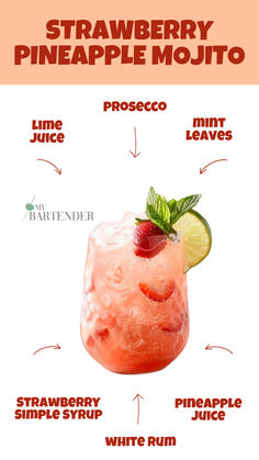 Strawberry Pineapple Mojito Traditional Mojito Recipe, Strawberry Cocktail Recipe, Strawberry Cocktails, Girl Glasses, Strawberry Mojito, Prosecco Cocktails, Mojito Cocktail