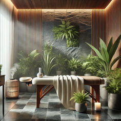 a spa room with potted plants and towels on the table, lighting from behind