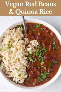 a white bowl filled with rice and beans