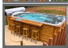 an outdoor hot tub with bar stools next to it and pictures of the outside