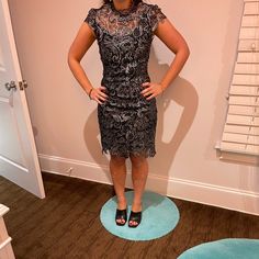 Worn Once. Size Xs. Please Note Model Is Only 5’0 Tall. Lace High Neck Dress, High Neck Lace Dress, Marcus Black, Silver Lace, Dresses Black, Black And Silver, Dress Making, Neiman Marcus, Black Silver