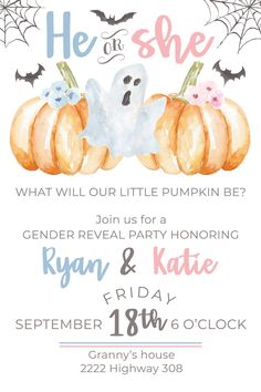 a watercolor halloween party flyer with pumpkins and ghost on it's back