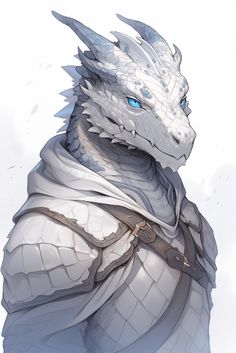 a drawing of a white dragon with blue eyes and a cape on it's head