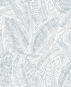 a blue and white wallpaper with leaves on it's side, in shades of gray