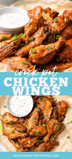 chicken wings on a plate with ranch dressing and dipping sauce in the background text overlay reads easyest chicken wings