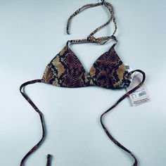 Snake Print Iisby Bitsy Bikini Top Brown Us Size 6 X41 Fitted Brown Swimwear For Beach Party, Trendy Brown Swimwear For Swimming, Trendy Brown Swimwear For Vacation, Fitted Brown Swimwear For The Beach, Fitted Brown Swimwear For Beach, Fitted Brown Swimwear For Festival, Brown Triangle Top Swimwear For Sunbathing, Brown Halter Neck Swimwear, Brown Fitted Swimwear For Pool