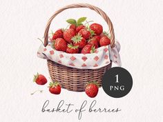 a basket full of strawberries with the words basket of berries on it, in front of