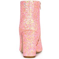 These stylish boots are made of a material that will be a big hit. They have an elasticated side zipper, sequin upper, and high-block heels for an added touch of style. They are great for parties, clubs, dating, daily, and going out. These boots are eye-catching, so just pair them with your skirts or skinny jeans to create a stylish, fashionable look. Pink Glitter Boots For Fall, Pink Block Heel Boots For Party, Trendy Pink Boots With Zipper Closure, Pink Glitter High Heel Boots, Sequin Boots With Round Toe For Spring, Sequined Round Toe Boots For Spring, Spring Sequin Boots With Round Toe, Spring Sequined Round Toe Boots, Trendy Pink Glitter Boots