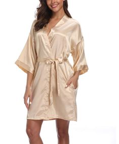 PRICES MAY VARY. Solid color satin robes for women with elegant oblique V-neck clear design. Made from quality satin fabric, lightweight, soft, comfy; Dear, you will feel like wearing an expensive silk robe. With 2 side pockets, belt loops and inside ties.Elegant yet sexy V neck short robes for women. Available in multiple colors and sizes, perfect for weddings, gifts, or everyday wear. Machine wash cold; Gentle cycle; Tumble dry low; Dry clean recommend. Women's Short Satin Kimono Robes Summer Satin Robe Bridesmaid, Gold Bridesmaids Robes, Champagne Bridal Robes, Taupe Bridesmaid Robes, Champagne Quince Robe, Bridal Party Dressing Gowns, Spoil Myself, Wedding Party Robes, Short Kimono Robe