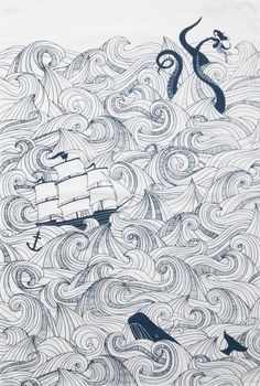 an ink drawing of a ship in the ocean surrounded by waves and sea creatures with long tails