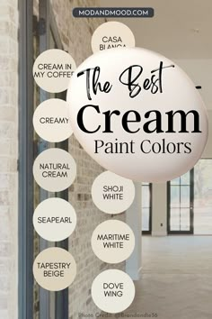 The Best Cream Paint Colors features from top to bottom: Casa Blanca, Cream in my Coffee, Oyster White, Creamy, Windham Cream, Natural Cream, Shoji White, Seapearl, Maritime White, Tapestry Beige, and Dove Wing. Background photo is a Shoji White Living Room. Beige Paint Colors, Color Paints, Beige Paint, Off White Paints, Cozy Spaces