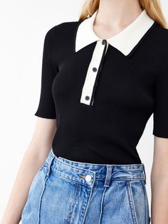 MO&Co.Women Polo Style Knit Top Features : - Slim fit - Contrast color POLO neckline - Waist-in designCode : MBB2SWTT10Length of size M is 52cmBlack : Model is 177cm tall and wearing a size M MATERIALS & CARE : Material : 67.6% Cotton 32.4% PolyamideUse a washing machine at the mild process of 30â„?br> Do not bleach, lay flat to dry in the shade Do not tumble dry, iron at low temperature Wash separately in a mesh bag, do not soak Wash with neutral detergentTips : 1. Ironing the pad cloth in the Fitted Black Top With Ribbed Collar, Black Fitted Top With Ribbed Collar, White Ribbed Tops For Workwear, White Ribbed Tops For Work, Karl Lagerfeld Sweater, Parisian Chic Style, Ribbed Shorts, Paris Woman, Polo Style