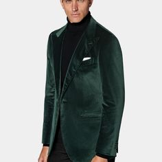 This dark green dinner jacket is cut to a tailored fit, providing a slim chest and waist for a refined silhouette with a natural shoulder design. It features a straight peak lapel, jetted pockets, and a half-canvas construction. Green Fitted Sport Coat With Lapel Collar, Green Tuxedo With Notch Lapel For Business, Green Notch Lapel Tuxedo For Business, Fitted Green Sport Coat With Lapel Collar, Green Evening Blazer For Fall, Green Single Breasted Tuxedo For Business, Classic Green Blazer With Notch Lapel, Green Winter Suits With Suit Collar, Green Fitted Outerwear For Semi-formal Occasions