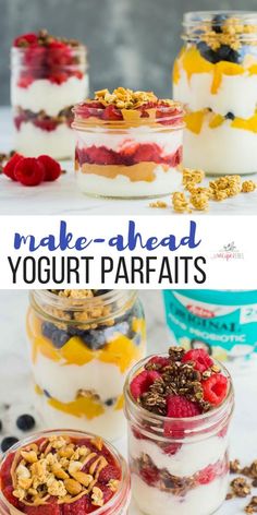 yogurt parfait recipe in mason jars with berries and granola on top