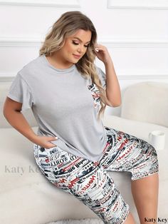 Katykey - Womens Plus Size Retro Loungewear Set: Letter Print Short Sleeve Round Neck Tee and Capri Pants Pajama Two Piece Set Gray Loungewear Sets With Pockets, Casual Sleep Sets With Letter Print, Casual Letter Print Sleep Sets, Short Sleeve Pajama Set With Letter Print, Short Sleeve Pajama Party Set With Letter Print, Short Sleeve Letter Print Set For Pajama Party, Short Sleeve Letter Print Pajama Party Sets, Casual Letter Print Sets For Pajama Party, Casual Letter Print Pajama Party Set