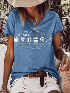 Put On The Full Armor Of God Crew Neck Shirts & Tops Shirts With Sayings, Cute Shirts, Casual T Shirts, Shirt Online, Printed Shorts, Black Tee, Short Sleeves Tops, Shirts Tops, Sleeve Top