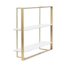 a white and gold shelf with two shelves on each side, against a white background