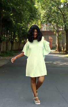 Shift dress for women, Mint green linen dress, Frill dress, Made to order, Custom made, Plus size-Model height: 5'3" wearing size S-Length: 34"-Fit: LoosePaisley motif in front with a little sequins work. This kind of embroidery is called maggam.**Note: Free Shipping time 15-21 days. Express Shipping time 5-7 days.** Green A-line Cotton Midi Dress, Green Cotton Sundress Midi Dress, Casual Light Green Knee-length Dress, Green Cotton Mini Sundress, Light Green Short Sleeve Dresses For Spring, Green Short Sleeve Dress For Day Out, Light Green Short Sleeve Spring Dress, Casual Light Green Short Sleeve Dresses, Light Green Knee-length Summer Dress