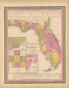 a map of the state of florida in pink, yellow and green with other states