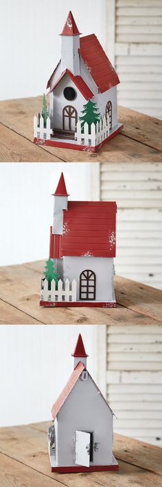 three different views of a small white and red house with trees on it's roof