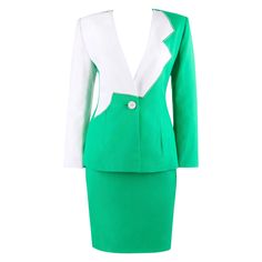 GIVENCHY S/S 1998 ALEXANDER McQUEEN 2pc Green Asymmetric Panel Skirt Suit Set Brand / Manufacturer: Givenchy Collection: Spring / Summer 1998 Designer: Alexander McQueen Style: Skirt suit set Color(s): Shades of bright green (blazer & skirt exterior, interior); off white (blazer exterior, interior) Lined: Yes Unmarked Fabric Content (feel of): Linen blend (blazer & skirt exterior); silk (blazer & skirt interior); plastic (hardware) Additional Details / Inclusions: Two piece skirt suit set; singl Chic Fitted Asymmetrical Sets, Fitted Asymmetrical Sets For Spring, Elegant Asymmetrical Fitted Set, Elegant Fitted Asymmetrical Set, Fitted Asymmetrical Party Sets, Green Fitted Skirt Suit For Formal Occasions, Chic Fitted Green Skirt Suit, Chic Green Fitted Skirt Suit, Green Skirt Suit For Spring Party